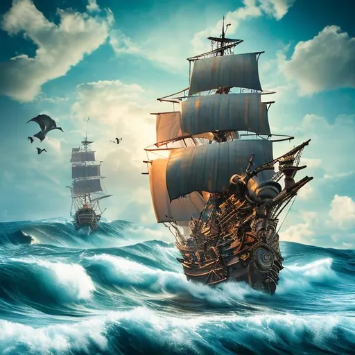 Prompt: 1600s style european pirate ship in the middle of the ocean light blue sky waves high resolution 4 art