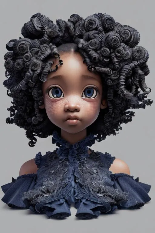 Prompt: Artwork by Daisuke Hagiwara of a black girl, curly long hair, soft indigo and black dress with ruffle and bow details, light black eyes, hyper detailed and intricate, ornate, (sharp focus:1.2),smooth facial, eyes, nose, hand features, vivid, vibrant, 8K 3D, (UHD:1.2), 8k resolution, character design, CloverWorks, (rendered by real engine 5)