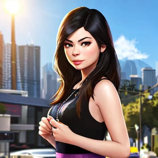 Prompt: Miranda Cosgrove in GTA 5, beautiful, sunny day, highly detailed, highres, realistic, los santos