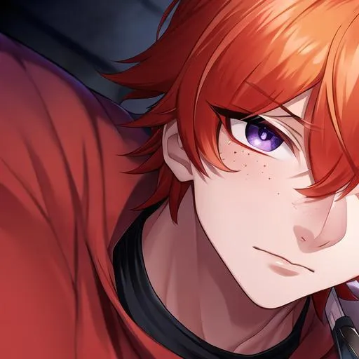 Prompt: Erikku male (short ginger hair, freckles, right eye blue left eye purple) UHD, 8K, Highly detailed, insane detail, best quality, high quality, Upset, muscular