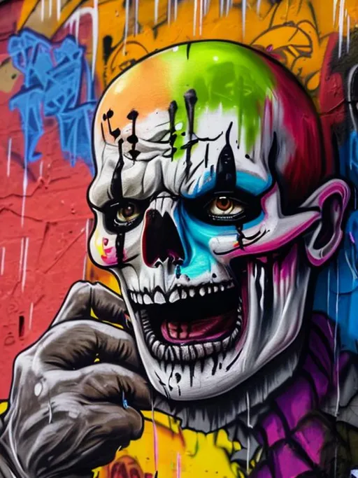 Prompt: Skull with clown face paint. grungy, colorful, graffiti, super detailed, vibrant, gritty, street art