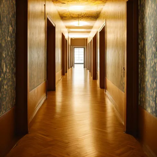 Prompt: A large empty hallway with old yellowed wallpaper on the walls. The floor is wood. At the very end of the long hallway is an exit sign. Ray-tracing 8K