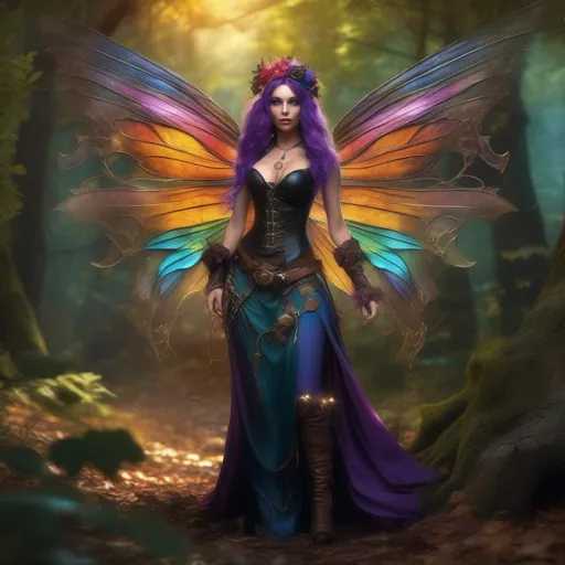 Prompt: Epic. Cinematic. Shes a (colorful), Steam Punk, gothic, witch. spectacular, Winged fairy, with a skimpy, (colorful), gossamer, flowing outfit, standing in a forest by a village. ((Wide angle)). Detailed Illustration. 8k.  Full body in shot. Hyper real painting. Photo real. A (beautiful), shapely, woman with, (anatomically real hands), and (vivid) colorful, bright eyes. A (pristine) Halloween night. (Concept style art). 