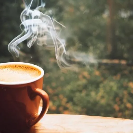 Prompt: hot coffee cup , smoke, lighing, tree, flower, drink
