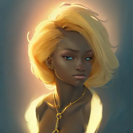 Prompt: Light element goddess, very dark skin, flowing pale yellow hair, flowing dress, perfect features, extremely detailed, realistic. Krenz Cushart + loish +gaston bussiere +craig mullins, j. c. leyendecker +Artgerm, oil painting texture oil painting effect Krenz Cushart + loish +gaston bussiere +craig mullins, j. c. leyendecker +Artgerm, oil painting texture. 