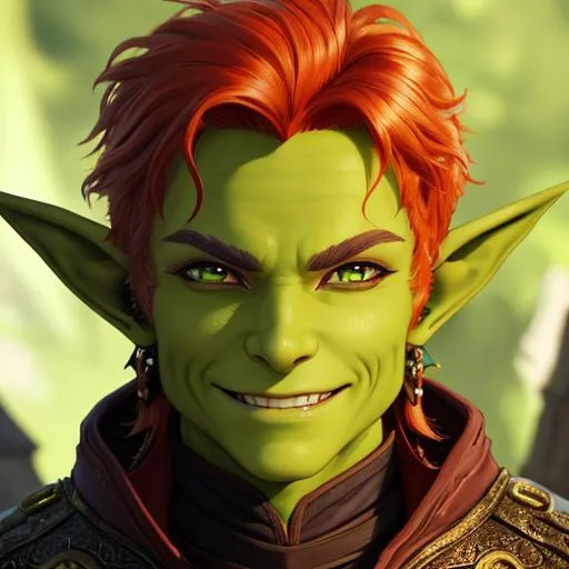 Prompt: oil painting, D&D fantasy, green-skinned-goblin man, green-skinned-male, small, short fiery red hair, wavy hair, smiling, pointed ears, fangs, looking at the viewer, cleric wearing intricate adventurer outfit, #3238, UHD, hd , 8k eyes, detailed face, big anime dreamy eyes, 8k eyes, intricate details, insanely detailed, masterpiece, cinematic lighting, 8k, complementary colors, golden ratio, octane render, volumetric lighting, unreal 5, artwork, concept art, cover, top model, light on hair colorful glamourous hyperdetailed medieval city background, intricate hyperdetailed breathtaking colorful glamorous scenic view landscape, ultra-fine details, hyper-focused, deep colors, dramatic lighting, ambient lighting god rays, flowers, garden | by sakimi chan, artgerm, wlop, pixiv, tumblr, instagram, deviantart