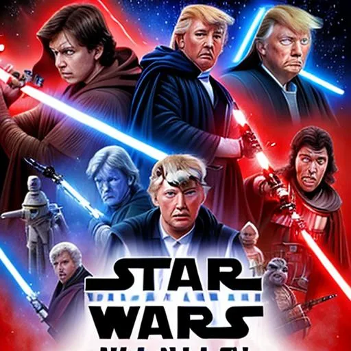 Prompt: star wars movie poster: Donald Trump the master jedi has blue a blue lightsaber and a red cloak. He is fighting Kim Jong Un who is wearing a dark cloak and has a red lightsaber 