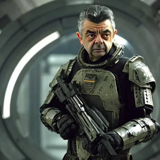 Prompt: Rowan Atkinson shouting angrily wearing an armored futuristic scifi military uniform and holding an advanced exotic shotgun in full color