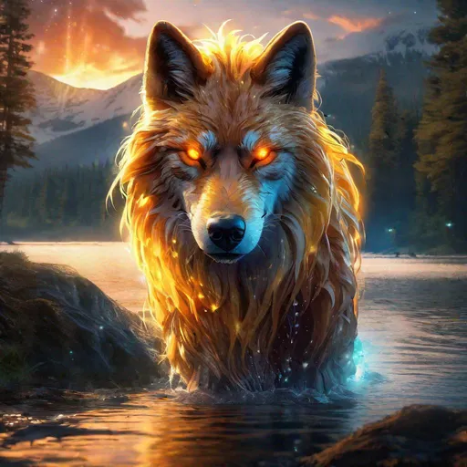 Prompt: Insanely beautiful (canine quadruped) that is glowing, thick golden mane, on two legs, translucent, luminescent, illusion, glistening fiery mane, glows like the sun, flaming red eyes, majestic wolf face, energetic fox, in a magical forest near a lake, sunrise, beneath the stars, crystal lake, waterfall, bioluminescent, highres, best quality, concept art, epic digital art, intricately detailed, cinematic, 8k eyes, highly detailed eyes, highly detailed, 64k, vibrant, UHD, professional