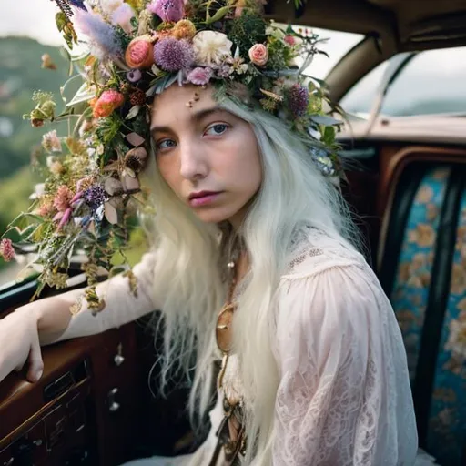 a steampunk caucasian woman with white hair sitting... | OpenArt