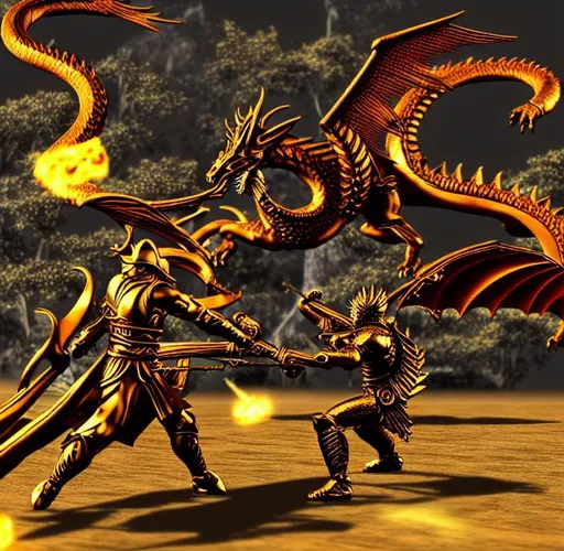 Prompt: Shadow warrior battling golden dragon