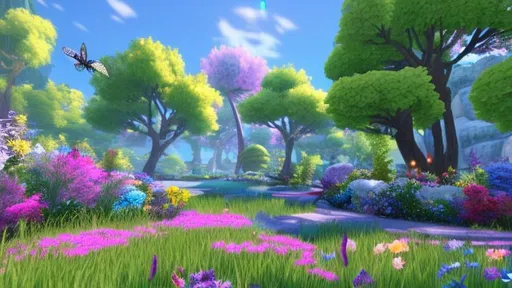 Prompt: beautiful 3d magical nature environment from genshin impact, whimsical flowers. colourful trees, trees with long hanging branches and decorative crystals, gemstones on the grass, magical insects fluttering, ingame rendering, cell shaded, screenshot, beautiful colors,  detailed, award winning, unreal engine 5, stylized, popular on artstation, anime style, nostalgic