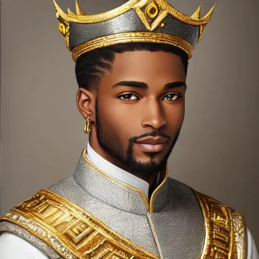 Prompt:  An intricately detailed Oil Painting of A blonde and little but grey, very rugged yet very very handsome 36 year old African American King  with mostly brown hair and a little bit of grey starting to show around his temples. A Very gorgeous MALE with strong, athletic physique, extremely attractive king with a disarming smile wearing an impressive gold and diamond crown. Dressed in white and gold highly ornate formal royal dress clothing. Epic perspective. Digital art. Masterpiece quality. Fantasy art. Hyper detailed. 