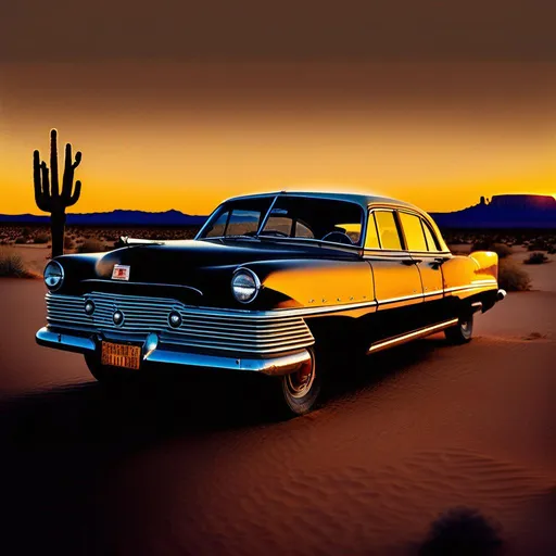 Prompt: Vintage desert photo Sian ditella old car, golden hours 