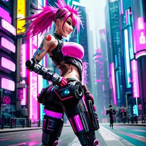 Prompt: full front body, cinematic shot, ultra detailed, realistic, photography, photorealistic, cyberpunk, splash

a skinny girl with pink mohawk, crazy grin, android legs, robot legs, pointing a gun, bright tattoos, excited expression, dynamic pose, cyberpunk city background,

ultra detailed face, ultra detailed eyes, ultra detailed nose, ultra detailed lips and mouth,

masterpiece, professional character design, professional artwork,

cinematic lighting, studio lighting, dynamic lighting, Ultra HD, HDR, 4k, 8k, 64k