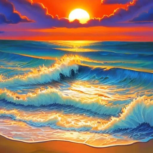 Prompt: bob ross style painting, waves crashing on the beach at sunset