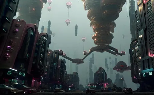 Prompt: a densely-packed sci fi art deco city with hundreds of houses stacked on top of each other, a pink river that winds between the buildings on the ground, spaceships flying above rooftop landing platforms, cinematic, small details