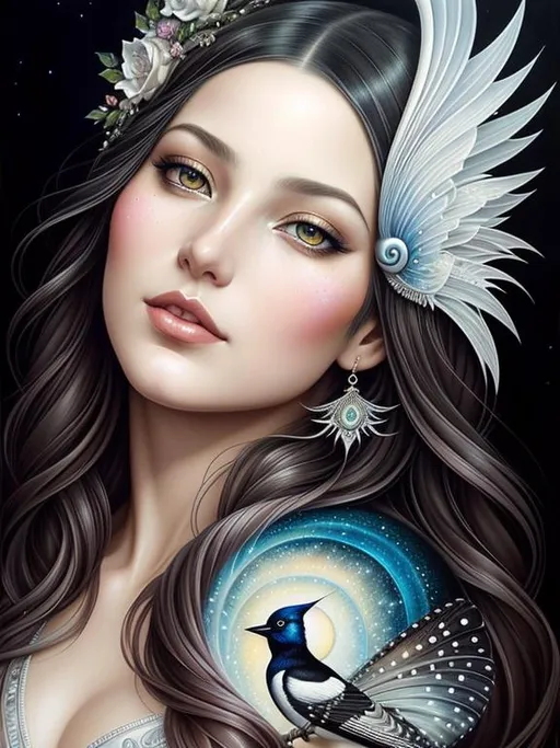 Prompt: Create a breathtaking and lifelike painting inspired by Anna Dittmann's "The Magpie Queen" artwork. Your painting should be a captivating and detailed piece of fantasy art that showcases the intricate beauty of the original work. Pay close attention to the lighting and shading of the subject to achieve a photorealistic effect. Experiment with a range of brush strokes and techniques to create texture and depth in the queen's hair and feathers, and ensure that every detail is meticulously rendered to bring the painting to life. In terms of composition, consider the placement of the queen within the frame and the use of negative space to enhance the overall aesthetic. Use a variety of triadic color schemes and tones to create a mood that is both alluring and mysterious. Your painting should be of the highest quality, with a resolution suitable for printing in high definition. Take inspiration from the original artwork and add your own unique touches to create a stunning fantasy art piece that is sure to enchant and inspire.