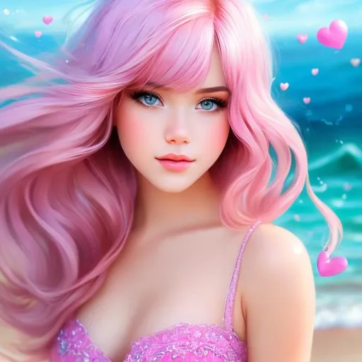 Prompt: Full body Portrait of {teenager love} with {pink} hair and with cute face, { In a beautiful seashore }, full body, perfect composition, hyperrealistic, super detailed, 8k, high quality, trending art , trending on artstation , sharp focus , Realistic background image of beautiful girls hd, intricate details, highly detailed.