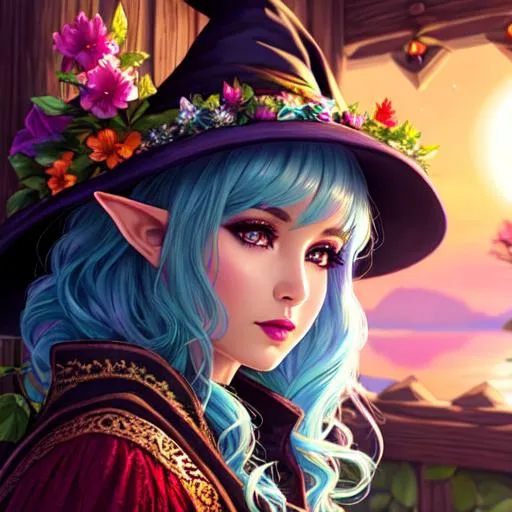 Prompt: female elf, witch, detailed face, detailed eyes, full eyelashes, ultra detailed accessories, robes, witch hat with flowers, short hair, curly hair, dnd, artwork, nature background, tree house interior, looking outside from a window, vibrant, multicolored hair, inspired by D&D, concept art, beautiful lighting, sunset