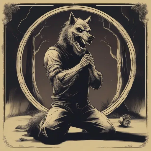 Prompt: Old vintage terror movie style, a werewolf kneel down proposal for weeding position , ofering a ring wedding 