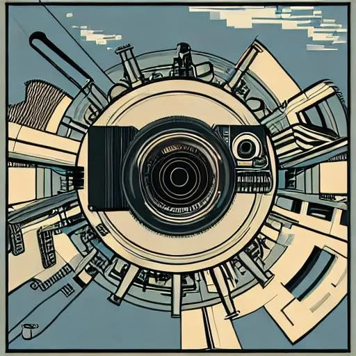 Prompt: Atompunk illustration of a camera, art deco