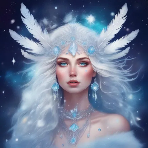 Prompt: Colourful and beautiful ice queen Persephone with snow feathers for hair, wearing a dress made of snow feathers, wearing crystal jewelry framed by constellations, snow and the moon in outer space in a dreamy painted style 
