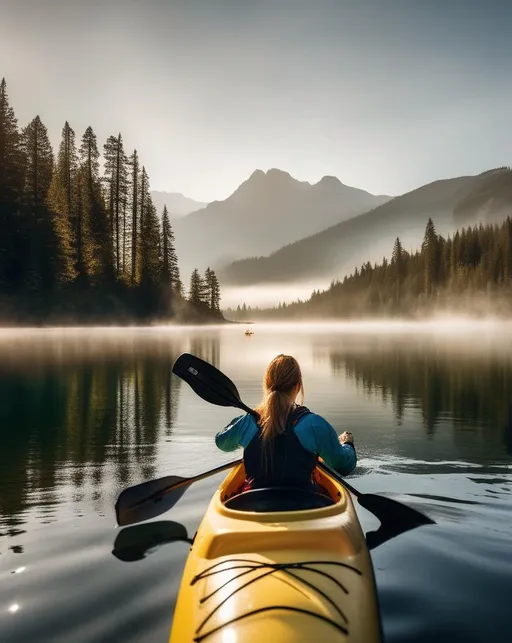 Prompt: A scenic landscape of a woman kayaking across a tranquil alpine lake surrounded by evergreen trees and mountains, illuminated by golden light. Shot from lake level with mist hovering over the water. Use a wide angle lens with a fast shutter speed on a Nikon D850. The mood is serene, adventurous, majestic.