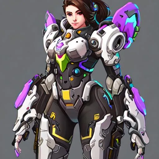 Prompt: concept art in Overwatch style, girl wearing mech suit, incorporate theme of flowers into suit