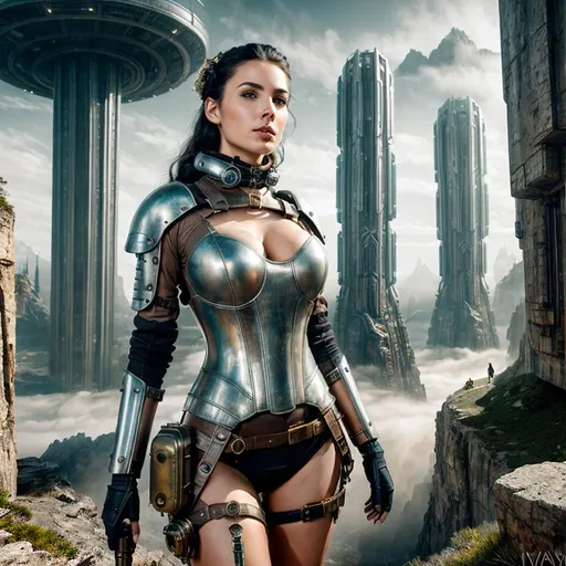 Prompt: Realistic futuristic dystopian landscape, heavy mist, at the edge of a mountain, with a large time hole on the ground,

Depicting a female Steampunk High Fantasy Time Keeper, an exquisite portrayal of an exotic, gorgeous, slender, ultra realistic young adult woman, wearing a heavy iron collar,

Gorgeous perfectly detailed facial features, long legs, vibrant sumptuous perfect body, ultra pale, visible midriff, 

Perfect studio lighting, perfect shading, Professional Photo Realistic Image, RAW, artstation, splash style dark fractal paint, contour, hyper detailed, intricately detailed, unreal engine, fantastical, intricate detail, steam screen, complimentary colors, fantasy concept art, 64k resolution, deviantart masterpiece, splash arts, ultra details Ultra realistic, hi res, UHD, 64k, 3D rendering.