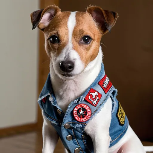 Prompt: Jack Russell Terrier wearing a heavy metal music denim vest with patches