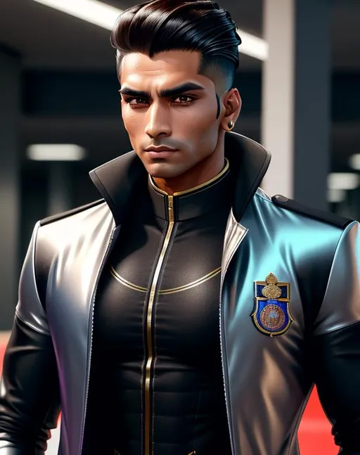 Prompt: perfect composition, {30 year old}, lean {average looking half nepalese half indian man}, wearing futuristic {shirt and future tech coat}, {coat of arms on clothes}, {brunette hair slicked back}, clean shaven, extra masculine, peak fitness, determined expression, looking at viewer, 8k eyes, detailed face, wlop, stanley artgerm lau, artstation, hd, octane render, hyperrealism intricate details, 8k, cinematic volumetric light, proportional, art trending on artstation, sharp focus, studio photo, intricate details, highly detailed, intricate artwork masterpiece, ominous, intricate, epic, trending on artstation, highly detailed, vibrant, production cinematic character render, ultra high quality model, 