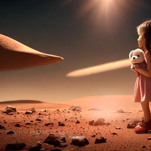 Prompt: little girl alone on Mars in a nice dress with a teddy bear in her hand