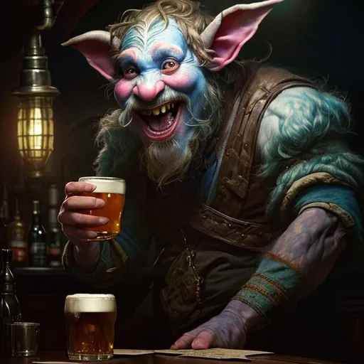 Portrait of a Firbolg bard telling jokes in a pub, p... | OpenArt