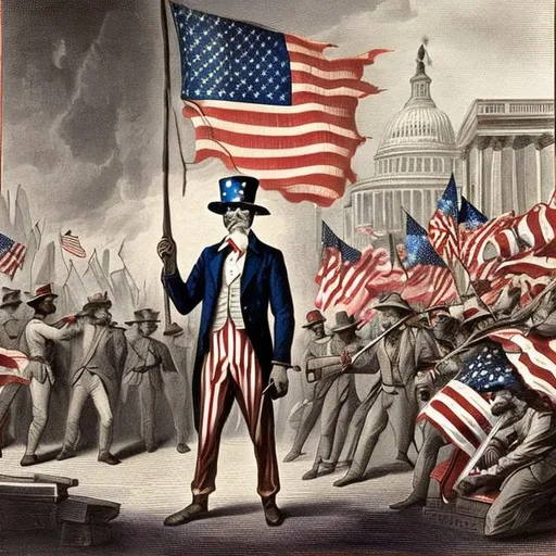 Prompt: Uncle Sam standing in front of a bartered Capitol building with American flags surrounded by a crowd of angry protestors 