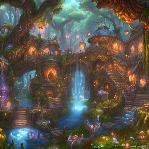 Prompt: Enchanted hidden city in fairy woods waterfall river and enchanted animal world of Warcraft style