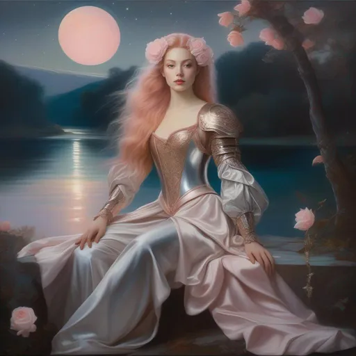 Prompt: Third-person, full body of character in view, Baroque oil on canvas painting of an ethereal, unnaturally pale-skinned Fantasy Supermodel with rose gold pinkish hair, long wavy hair, silver armor, galaxy background, sitting by a Lake with a Full Moon overhead.