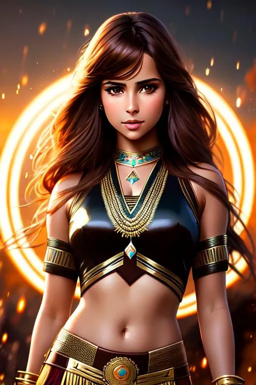 Prompt: portrait of Brown Hair Beautiful naomi scott with Air Magic, parted bangs, Elegant, Romantic, as a tribal warrior, HDR, full body, High Definition, cinematic,  dynamic light, hyperrealism, definition, glowing eyes, facial symmetry  by Ilya Kuvshinov