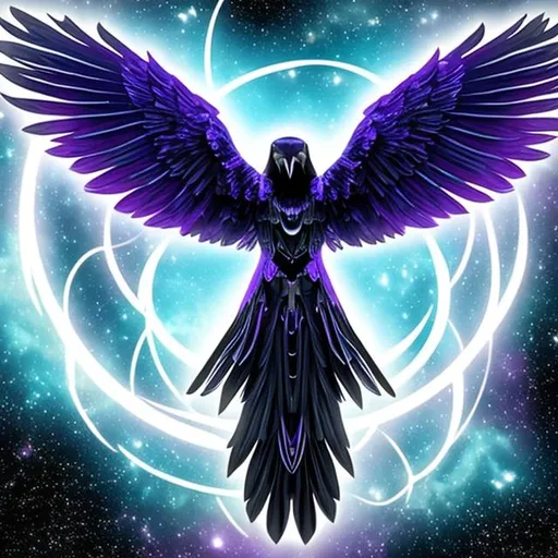 Prompt: angelic  raven drone weaving the fabric of space and time and creating 