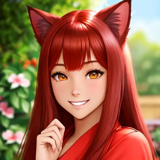 Prompt: Human girl, tanned-skinned-female, beautiful, red hair, straight hair, cat ears, rosy cheeks, smiling, red kimono, looking at the viewer, garden. 