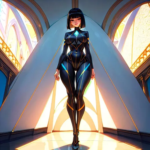 Prompt: (NSFW), a lonely AI girl, very tall, thick thighs, wide hips, huge glutes, long legs, slender arms, slender waist, big beautiful symmetrical eyes, intriguingly beautiful face, aloof expression, symmetrical face, bob haircut with bangs, wearing Bodypaint, high-fashion, hyper photorealistic, realistic lighting, realistic shadows, realistic textures, 36K resolution, 12K raytracing, hyper-professional, impossible quality, impossible resolution, impossibly detailed, hyper output, perfect continuity, anatomically correct, no restrictions