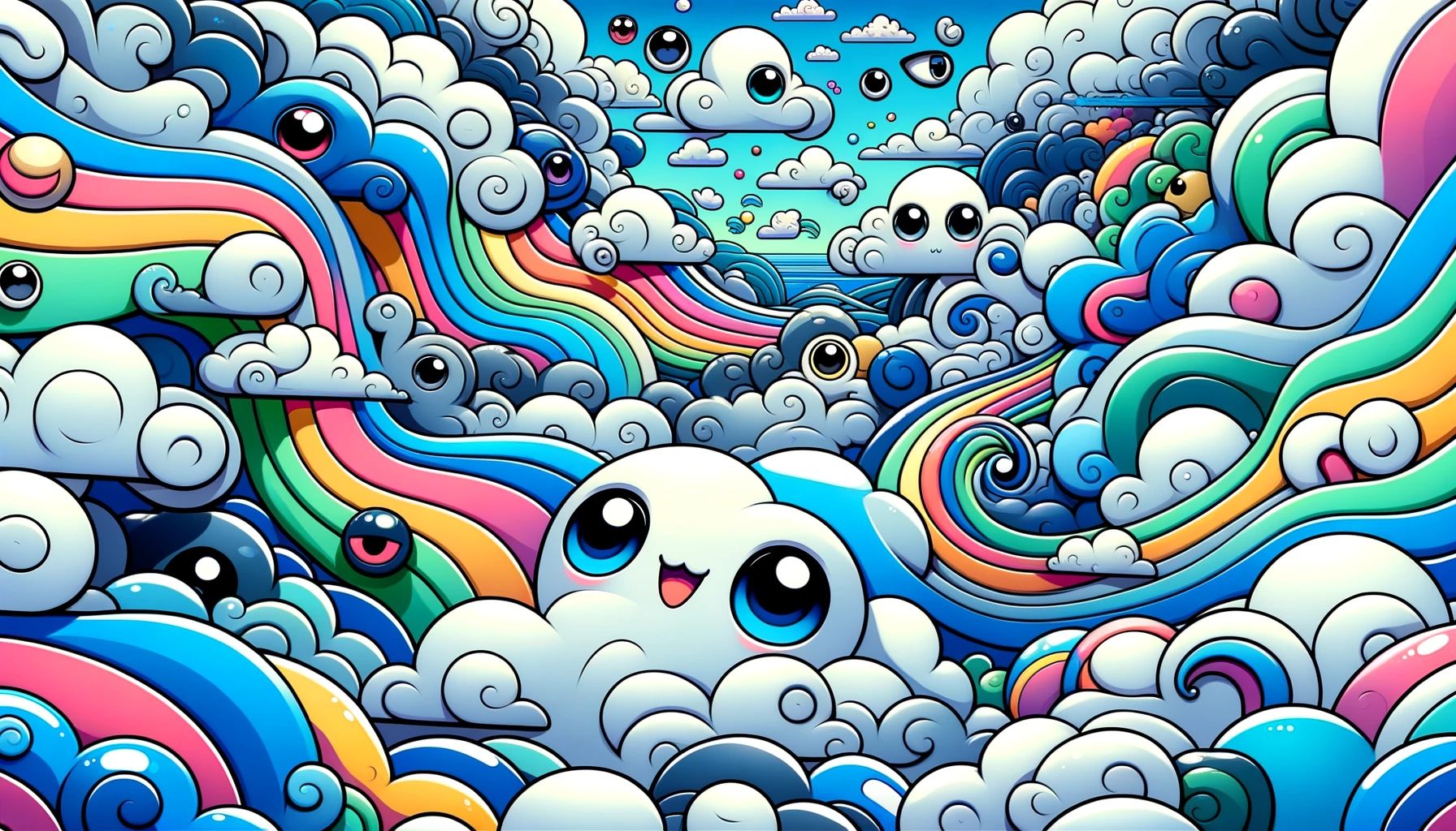 Prompt: the funny cartoon clouds screenshot thumbnail, styled as a macro photograph with extreme close-up details, featuring colorful curves, kawaii manga aesthetic, influenced by the Blue Rider art movement, with sky-blue and green hues, integrating jump cuts and frogcore themes, serenity, peace, infinity, a sky full of possibilities in high-definition 3d in wide ratio