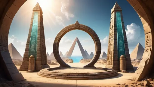 Prompt: circular portal, gateway between cities realms worlds kingdoms, ring standing on edge, freestanding ring, hieroglyphs on ring, complete ring, obelisks, pyramids, panoramic view, atlantis setting