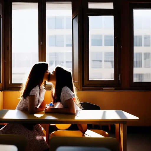 Prompt: two beautiful women kissing in a school classroom in uniform with sunlight coming from the windows