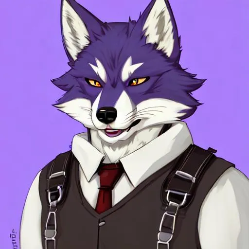 Prompt: Fursona, furry, shifty, anthropomorphic, high quality, blue, fox, husky, fursuit, wolf, purple, black, harness, old, sophisticated, male, cartoon, red eyes