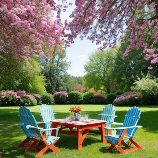 Prompt: a beautiful residential backyard area with surrounded by colorful floral arrangements, in the center is a sturdy wooden picnic table, red table cloth, and two wooden table chair with blue backing, five uhd butterflies flitter around the table, two uhd colorful birds rest on the chairs, as painted by asher brown, durand and darek zabrocki, volumetric lighting, god rays, masterpiece, trending on artstation