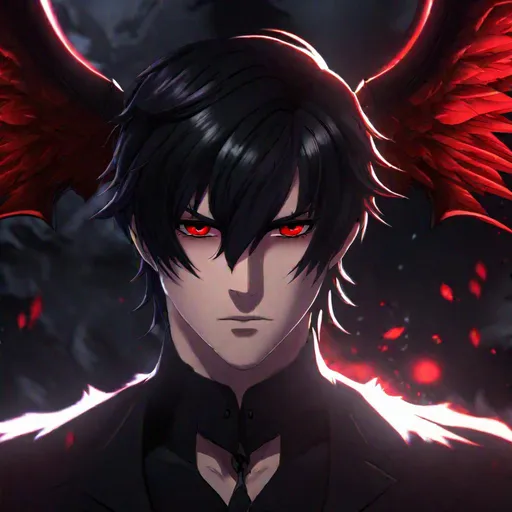 Prompt: Damien (male, short black hair, red eyes) a sadistic look on his face, demon form, black wings, horns, 4k, close up
