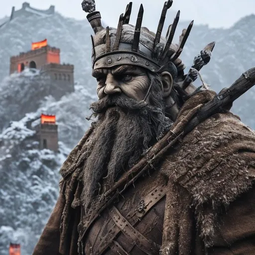 Prompt: a ancient giant stands on the freezing Great Wall, waving bloody mace in his hands, staring forward the southern part of the country in a distance, where is warm and nice, seems spring all the year around there. And then the idea of  conquer the fertile land has appeared on the giant's face.