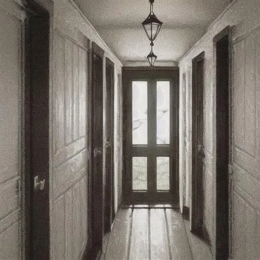 Prompt: cottage style decor, many doors, dark hallway on the left, uneasiness, high sharpness