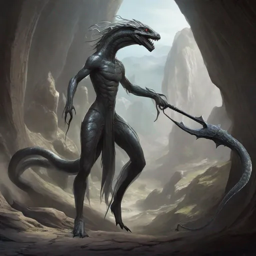 Prompt: {{{{{{{Gelatinous Body}}}}}}}, Full Body Grey Skin, Grey Slime Body, tenticles, humanoid claws, slender lizard tail, sharp fangs, no eyes, oval shaped head, wielding two psionic daggers, fantasy setting, cave background, combat stance, colored, Ultra high quality, Slenderman build, sketch, drawing